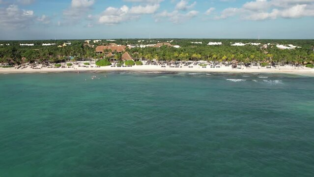 Aerial View of Playa Del Carmen, Mexico. Sandy Shore and Resorts in Tropical Lush, Drone Shot