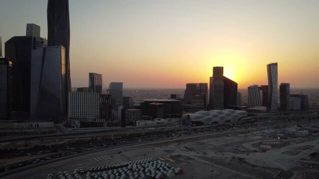 King Abdullah&rsquo;s Financial district and metro station with a Sunset of the iconic financial city and skyline of Riad City in Saudi Arabia.