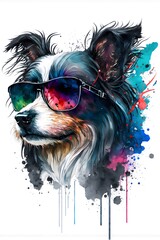 This stylish illustration features a cool canine wearing a pair of sunglasses in a vibrant ink background. The bright colors of the ink create a bold contrast with the dog's fur