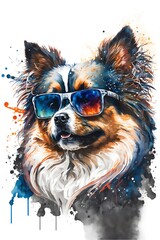 This stylish illustration features a cool canine wearing a pair of sunglasses in a vibrant ink background. The bright colors of the ink create a bold contrast with the dog's fur