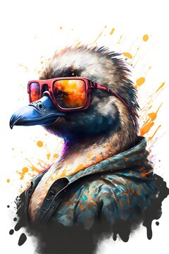 A cool and confident duck wearing a pair of sunglasses and standing tall against a vibrant abstract background.