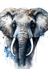 This abstract ink drop illustration depicts an elephant with its trunk raised high, standing in a calm and peaceful atmosphere. Its body is composed of soft, curved lines