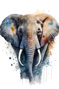 This abstract ink drop illustration depicts an elephant with its trunk raised high, standing in a calm and peaceful atmosphere. Its body is composed of soft, curved lines