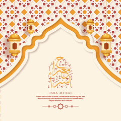 Isra Miraj Greeting Card with Calligraphy and Ornament Premium Vector