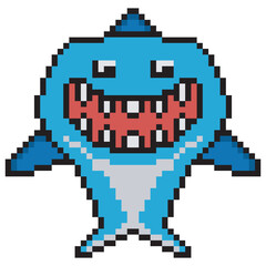 Cute shark character pixel art. Vector illustration.
