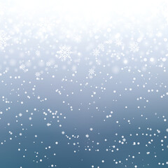 Christmas and Happy New Year background with falling snowflakes on blue sky. Vector