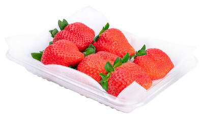 Sweet Red Strawberry packaging ready to sell, Fresh Amaoh Strawberry on White Background PNG file.