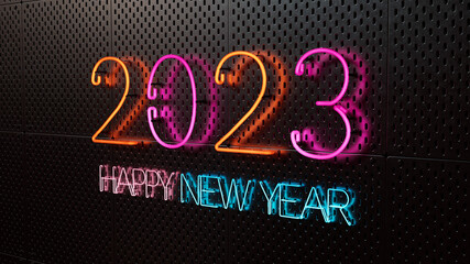 Happy new year 2023 neon sign with a dark metal pegboard background in perspective view. 3d rendering