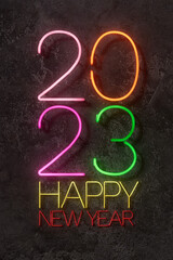A colorful neon sign of happy new year 2023 with a dark concrete wall background