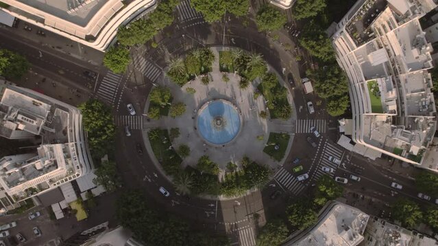 High altitude top down rotation drone shoot of Dizengoff Square Tel Aviv with vehicles #003