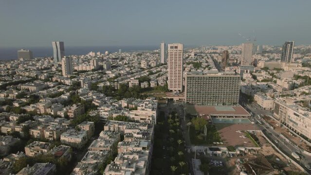 Tel Aviv Municipality building at sunset - aerial slide shoot #009