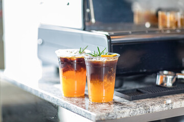 Yuzu orange coffee fresh, Cold brew coffee with orange slice