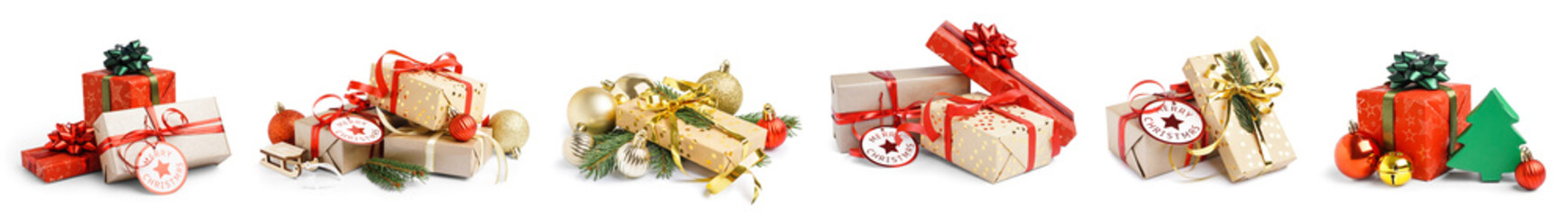 Set of gift boxes with Christmas decor isolated on white