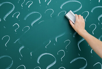 Hand erasing question mark on chalkboard