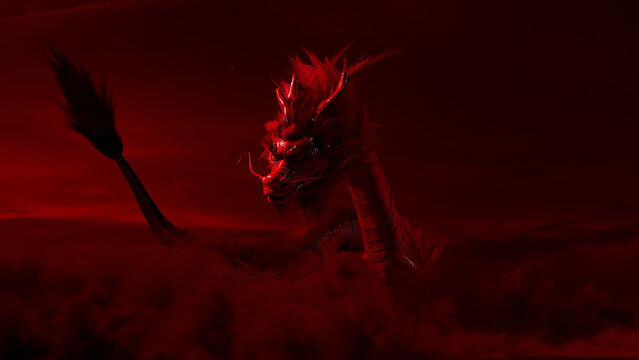 Chinese New Year Concept with Flying Dragon against a Cloudy Sky. Red design with copy-space.