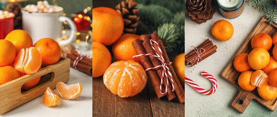 Collage of Christmas tangerines and cinnamon sticks