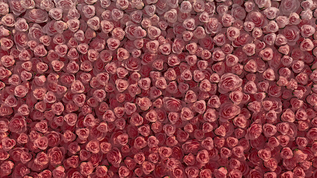 Beautiful, Red Wall background with Roses. Elegant, Floral Wallpaper with Colorful, Vibrant flowers. 3D Render
