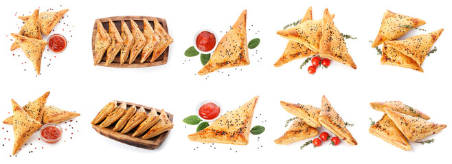 Collection of tasty Uzbek samsa on white background
