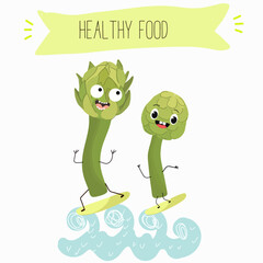 Illustration with funny artichoke character. Funny and healthy food. Vitamins contained in the artichoke. Food with a cute face. Vector cartoon.