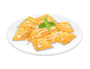 Ready for eat dish italian pasta ravioli cuisine staples with sauce and herbs vector illustration on white background