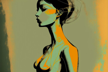 Abstract illustration of the female form. Beautiful retro woman with vintage style. Colorful background design with 1960 era vibe. Created with generative AI.  