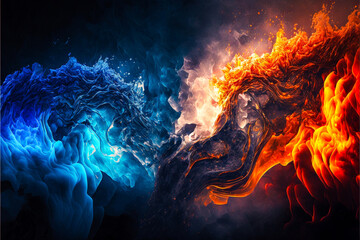 Abstract image of fire and ice meeting in violent beauty. Created with generative AI. 