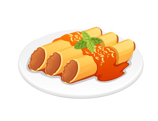 Ready for eat dish italian pasta cannelloni cuisine staples with meat herbs and sauce vector illustration on white background
