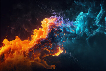Abstract image of fire and ice meeting in violent beauty. Created with generative AI. 
