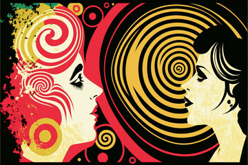 abstract background with circles behind illustration of two women. Created with generative AI. 