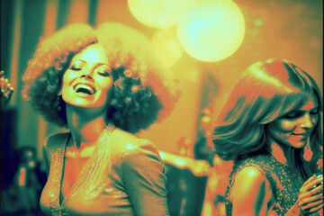 Pretty women retro style dancing at a vintage 1970 disco party. Created with generative AI.  - obrazy, fototapety, plakaty