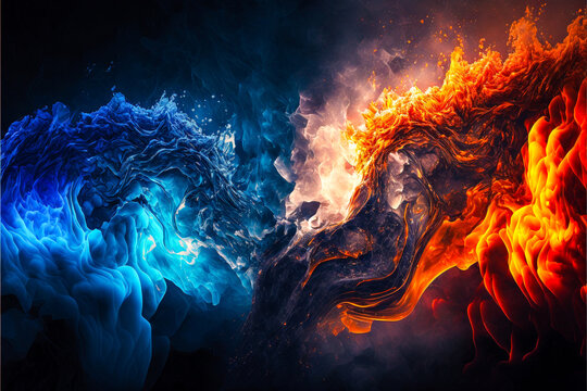 Abstract image of fire and ice meeting in violent beauty. Created with generative AI. 