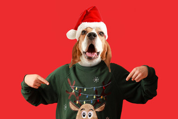 Young man in stylish Christmas clothes on color background - Powered by Adobe