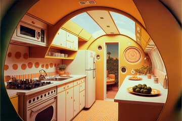 Vintage kitchen from the 1970 era with retro appliances and round features. Created with generative AI.  - obrazy, fototapety, plakaty