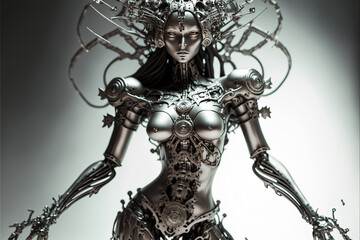 Robot woman in human form. Mechanical parts with metal frame, strong, intense durable, artificial intelligence. Created with generative AI. 