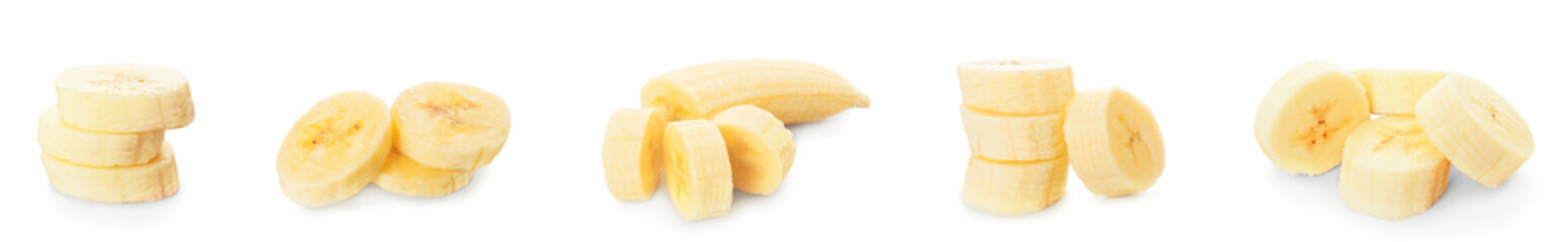 Collage with slices of tasty banana on white background