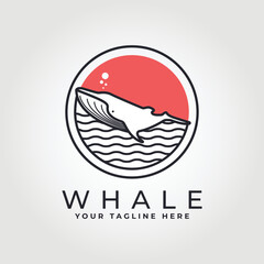 whale logo vector illustration design, cute whale fish line art logo design