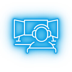 Neon blue computer screen icon, glowing streamer on transparent background