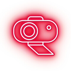 Neon red webcam icon, video camera on transparent background