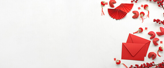 Red envelopes with Chinese symbols on white background with space for text. Banner for design