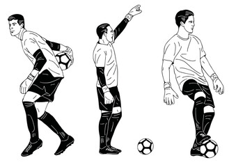 Fototapeta na wymiar set , Soccer goalkeeper catches the ball. hand drawn art Flat Vector illustration
