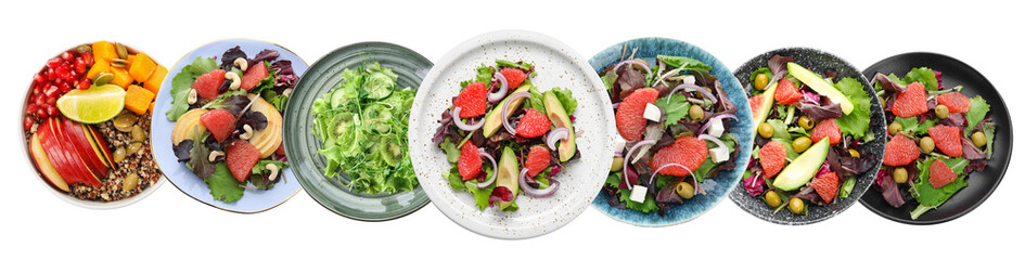 Collage of healthy salads on plates against white background