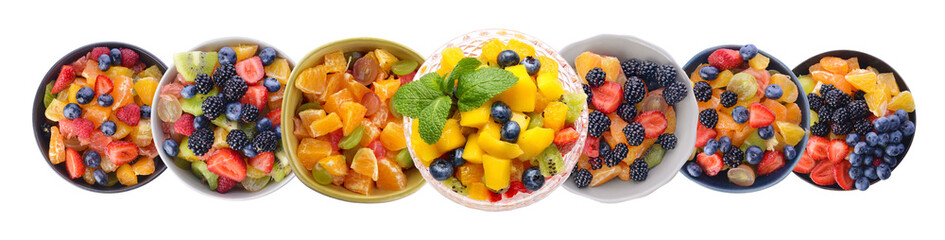 Collage of fruit salads in bowls on white background