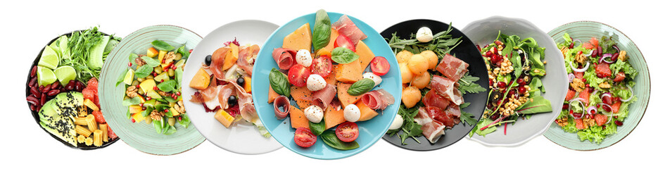 Collection of healthy salads on plates against white background