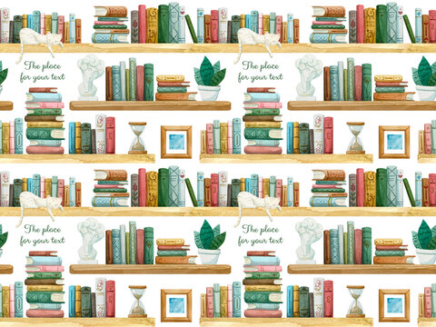 Seamless pattern of bookshelves on a white background. 