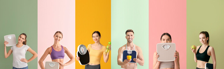 Set of people with weight scales on colorful background - obrazy, fototapety, plakaty