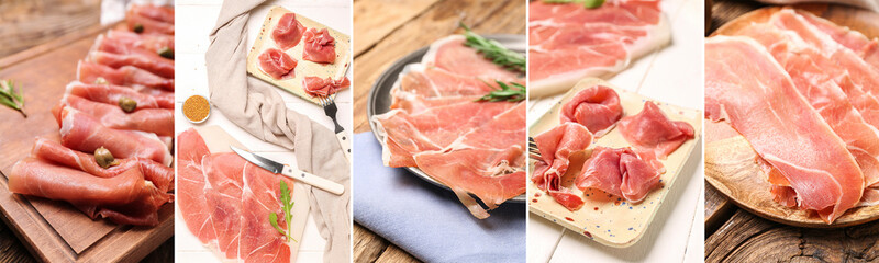 Collage with fresh tasty ham