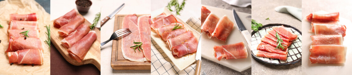 Collage with fresh tasty ham