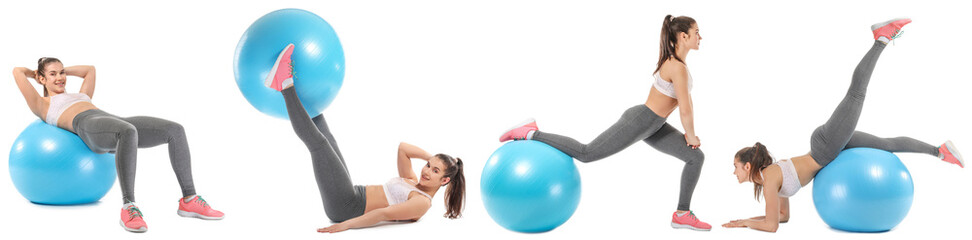 Fototapeta na wymiar Set of sporty young woman with fitball doing pilates on white background