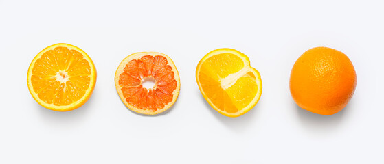 Tasty oranges on white background, top view