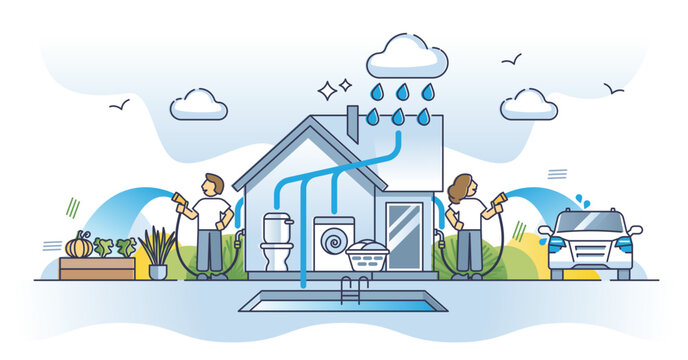 Rainwater harvesting as rain water collection and storage outline diagram. Drain system with pipes for laundry, toilet and garden usage vector illustration. Environmental solution to save resources.
